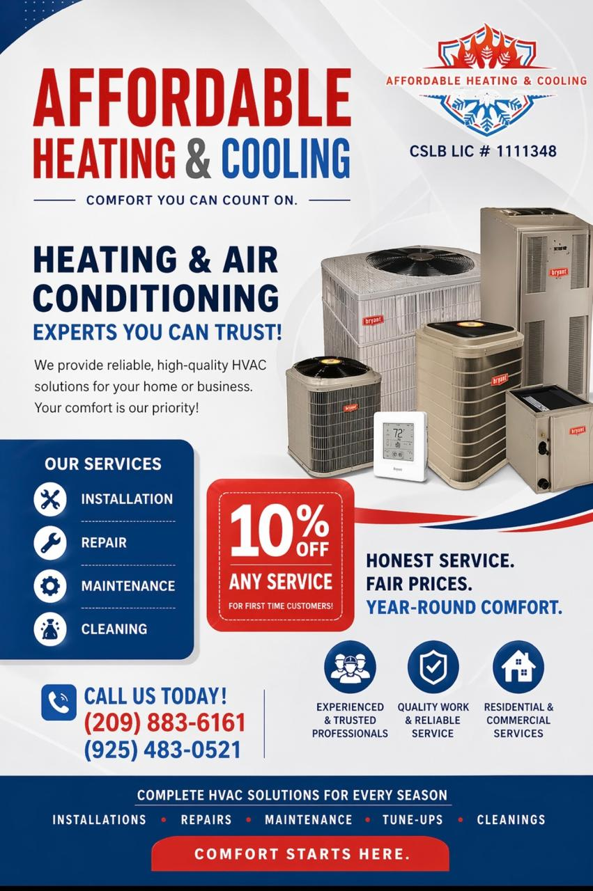 Affordable Heating & Cooling first-time customer service offer